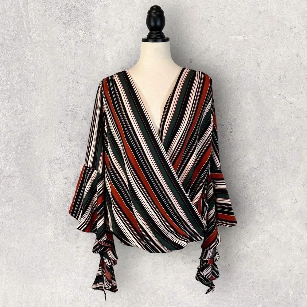 Gilli Striped V-Neck Wrap Blouse Long Flared Bell Sleeve, Size M